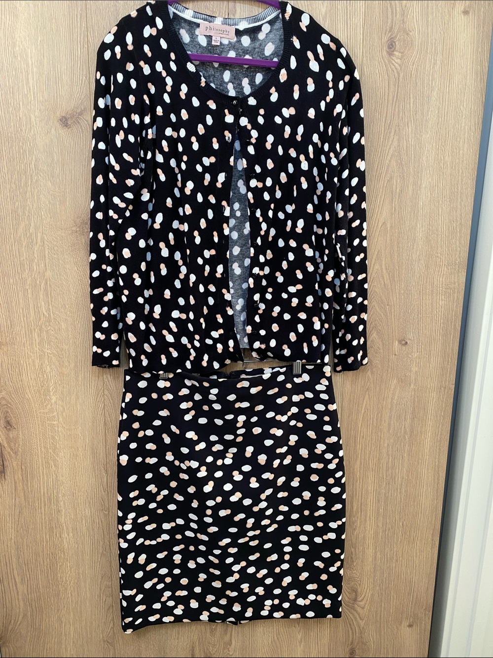 Philosophy Republic 2-Piece Knit Cardigan Skirt Set Polka Dot Size L